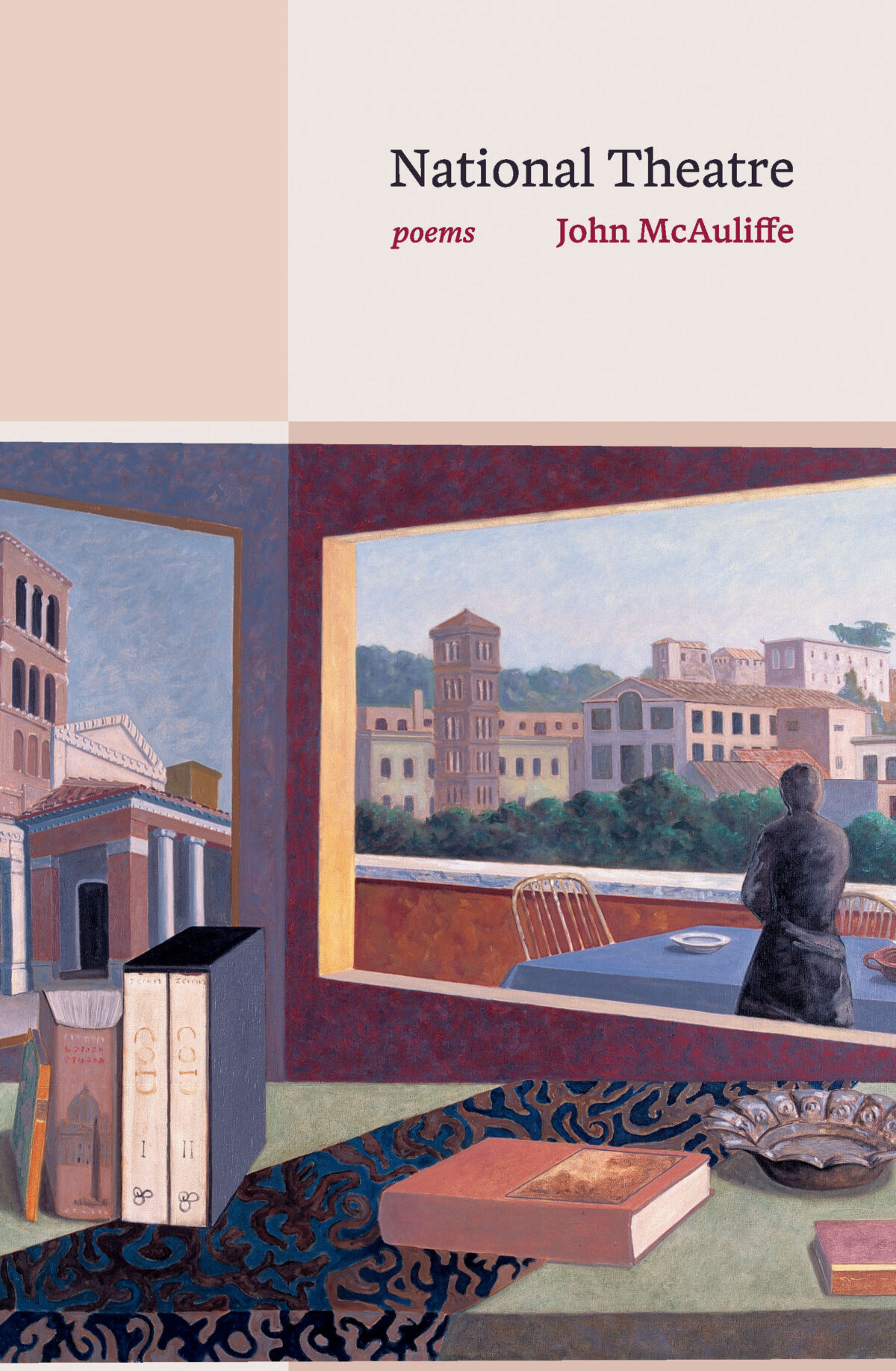 Book cover for National Theatre by John McAuliffe. The cover features a cropped reproduction of the painting "The Yellow Window" by Stephen McKenna (1990), in which a woman stands next to a painting and stares out a window overlooking a city.