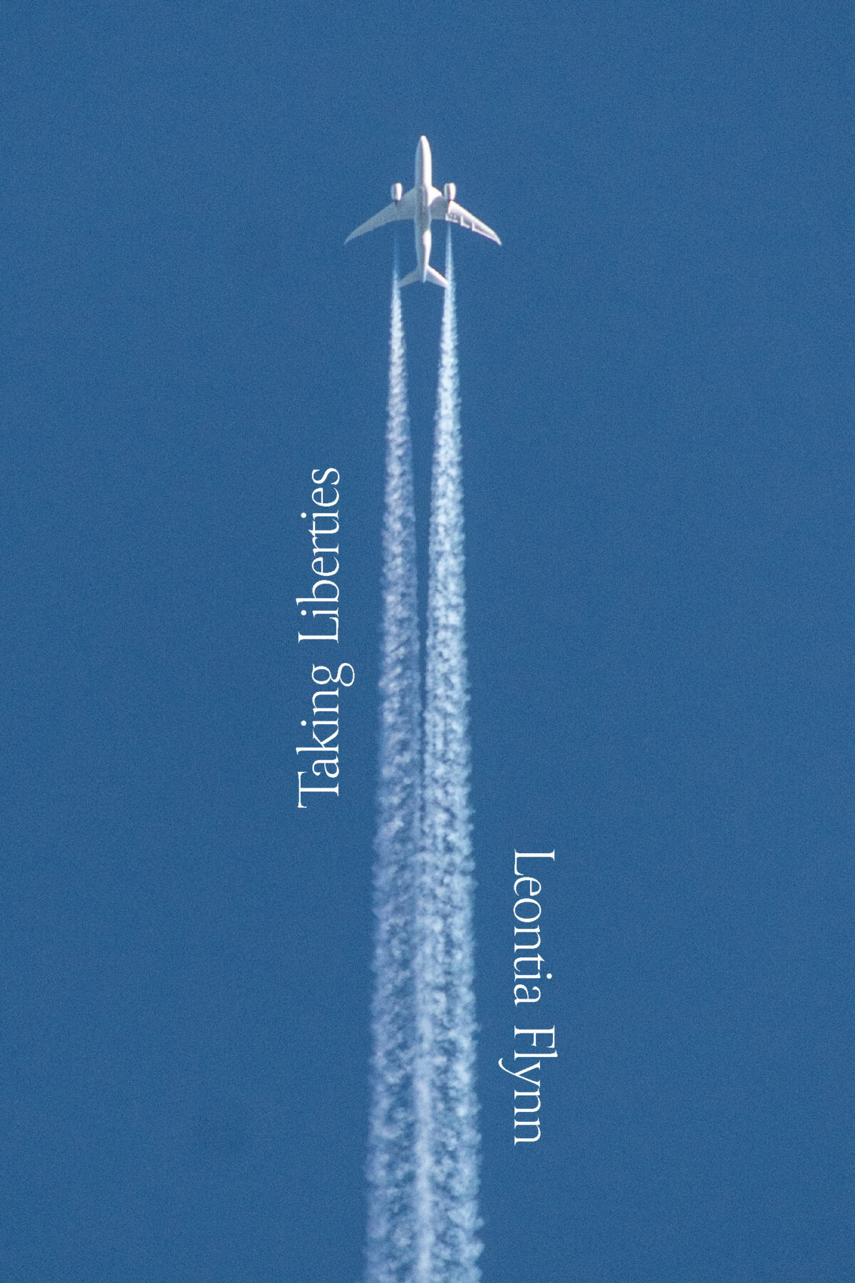 Front cover for Taking Liberties by Leontia Flynn. A photograph of a white plane with a long jetstream against a blue sky.